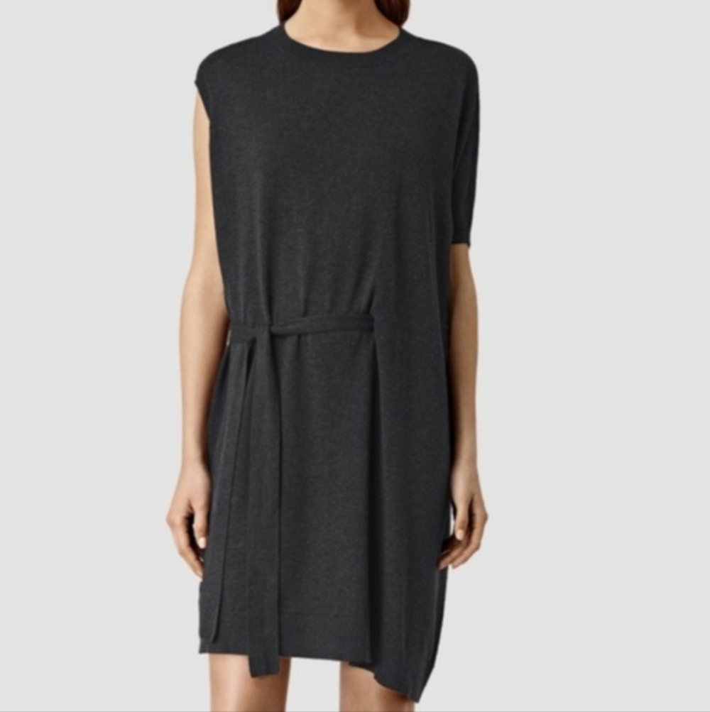 All Saints Shera Asymmetrical Tie Front Sheath Sweater Dress